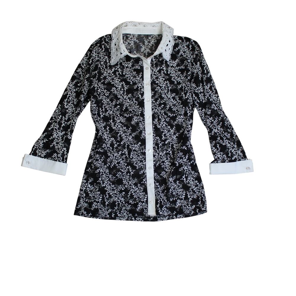 Anne Fontaine Blouse 38 Womens Size 4 Black White Floral Lace Button Down Shirt